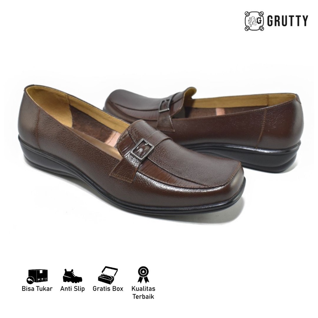 Sepatu Wanita Pantofel Kerja Model Flat Shoes  Kulit Grutty Coklat