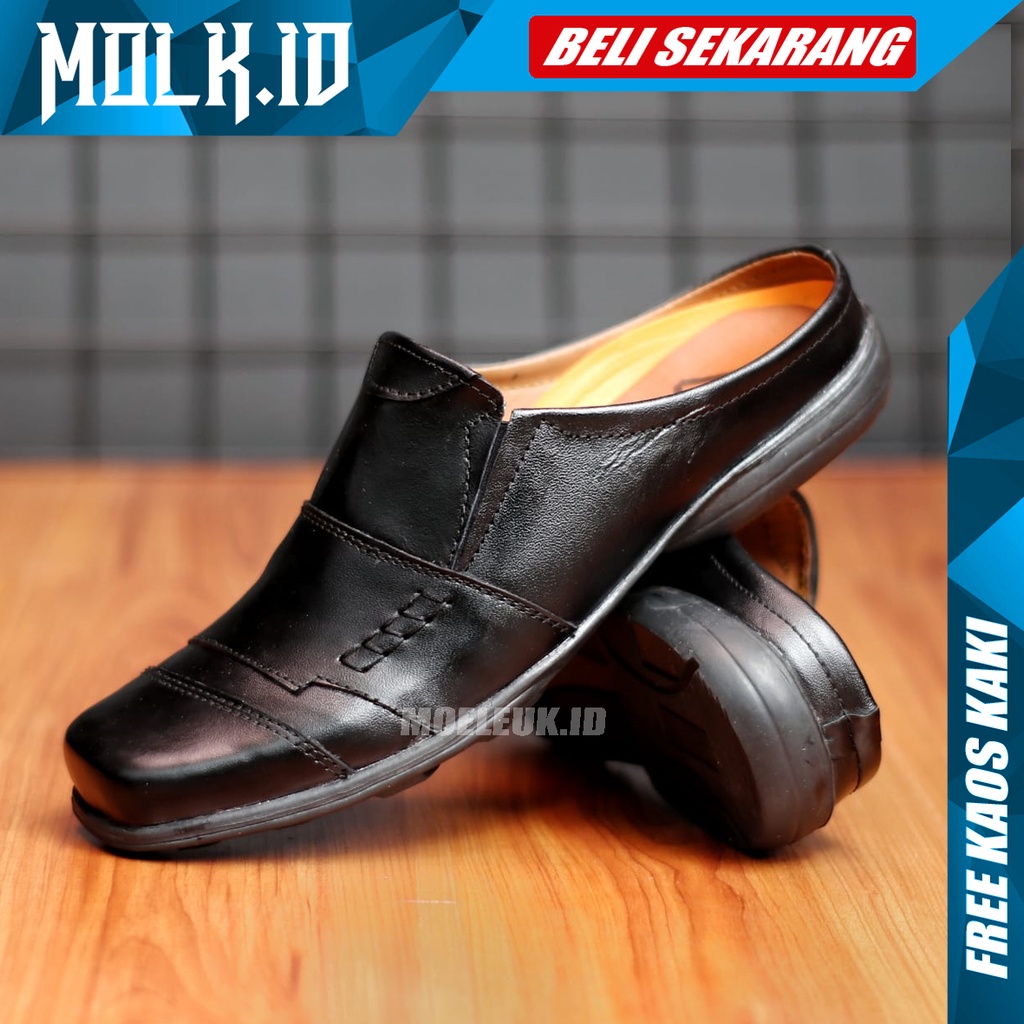 MOLK Sandal Pria Dewasa Kulit Asli Original Sendal Slop Cowok Casual Selop Hitam Simple Murah Tutong Bustong