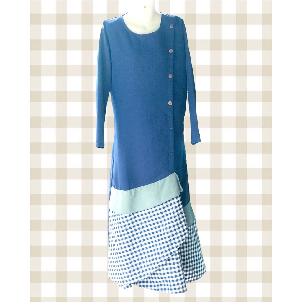 Long Dress Muslimah Navy Kotak-Kotak/ Long Dress Muslimah/ Baju Kotak-kotak/ Gamis Kekinian
