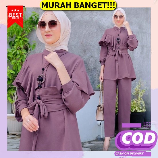 Virgia Set Baju Stelan Wanita Kekinian Fashion Muslim Terbaru Bahan Crinkle Aplikasi Sablon Setcel T