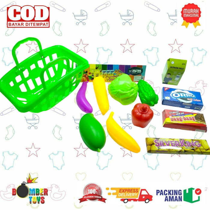 MAINAN ANAK KERANJANG BELANJA SUPERMARKET ISI BUAH DAN REPLIKA JAJAN