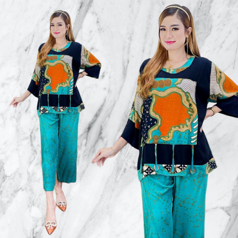 Setelan Rayon Jumbo Lengan Panjang Abstrak Kekinian One Set Piyama Baju Tidur Termurah