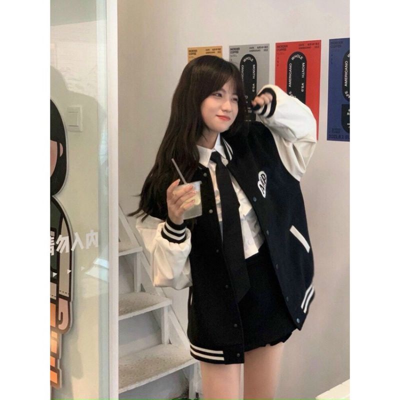 Jaket Baseball Big Size ( S - 6XL ) AHP Korean Street Style Hip Hop Jaket Varsity Kancing Bomber FLeece Unisex Jacket Boy Girl Pria Wanita Jumbo Hitam Putih Mix Kombinasi 2 Warna Street Style Bisbol Two Tone