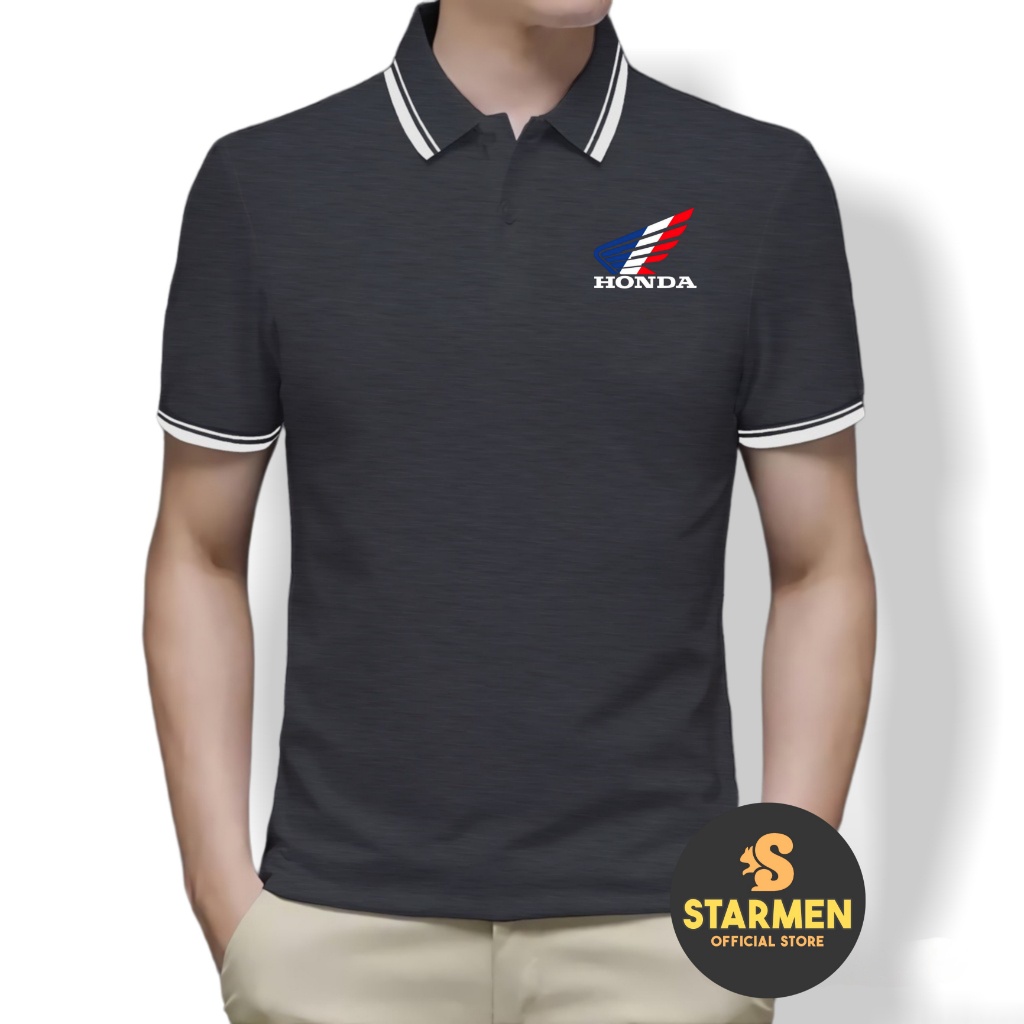 Kaos Wangki Polo T-Shirt Pria Kerah List Putih logo HONDA BLUERED