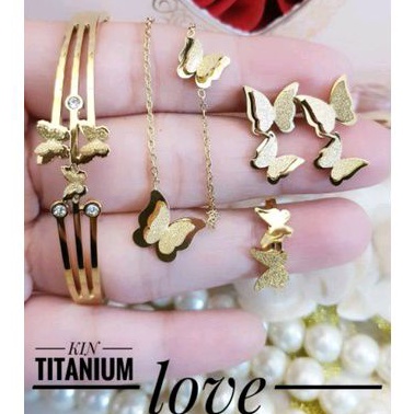 Set Perhiasan Titanium Motif Kupu-Kupu Gold Aksesoris Wanita Dewasa Terbaru Import 701ab