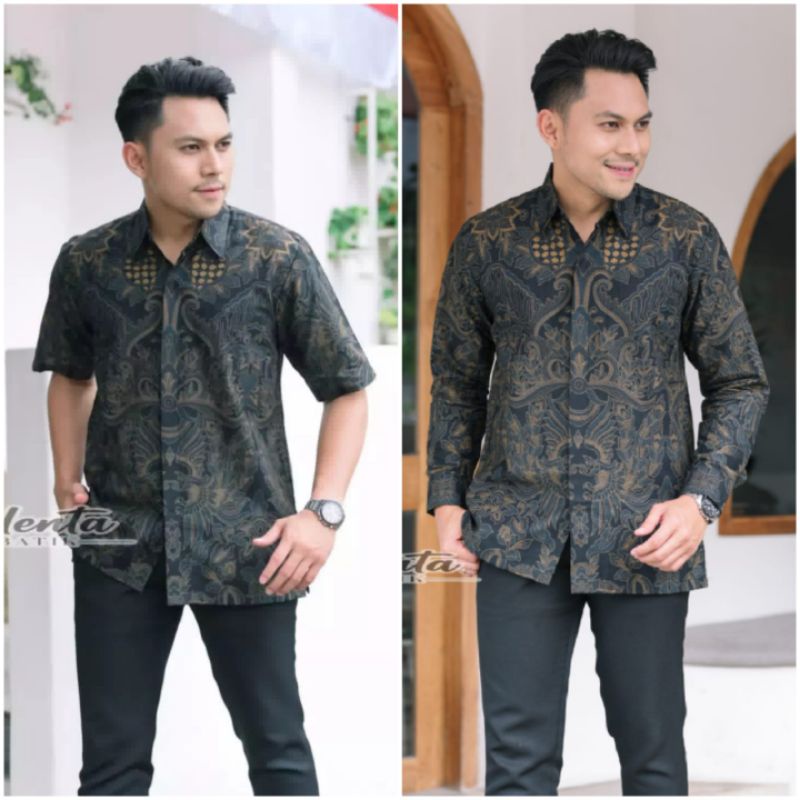 Batik kemeja pria ekslusif bahan katun halus baturaden size reguler pisang bali hitam denim