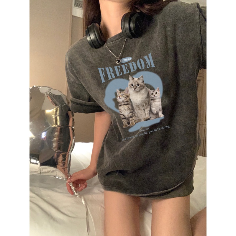 EUNII T-shirt Lengan Pendek Black Washed Cute Cats Printing Korean Style/Kaos Atasan Wanita/Baju Wanita