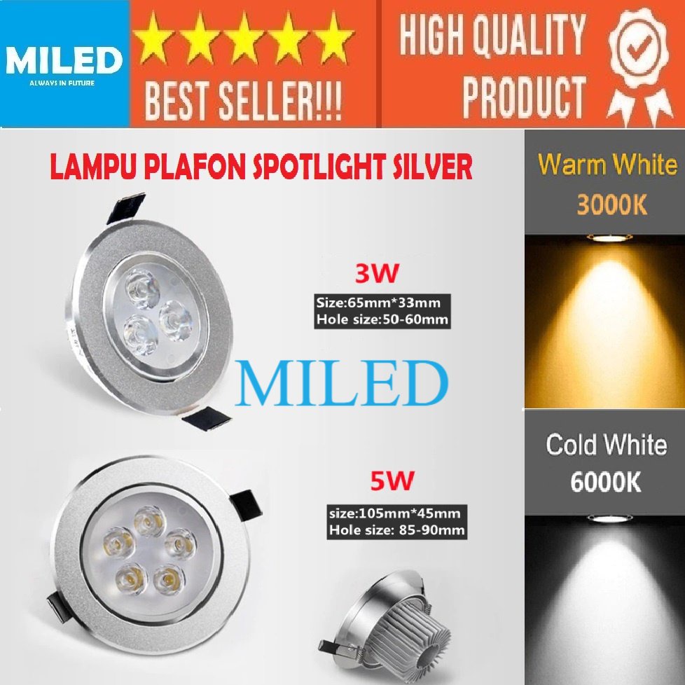 LAMPU DOWNLIGHT SILVER PANEL LED SPOT 3 MATA DAN 5 MATA SPOTLIGHT / LAMPU TANAM PLAFON 3 WATT 5 WATT