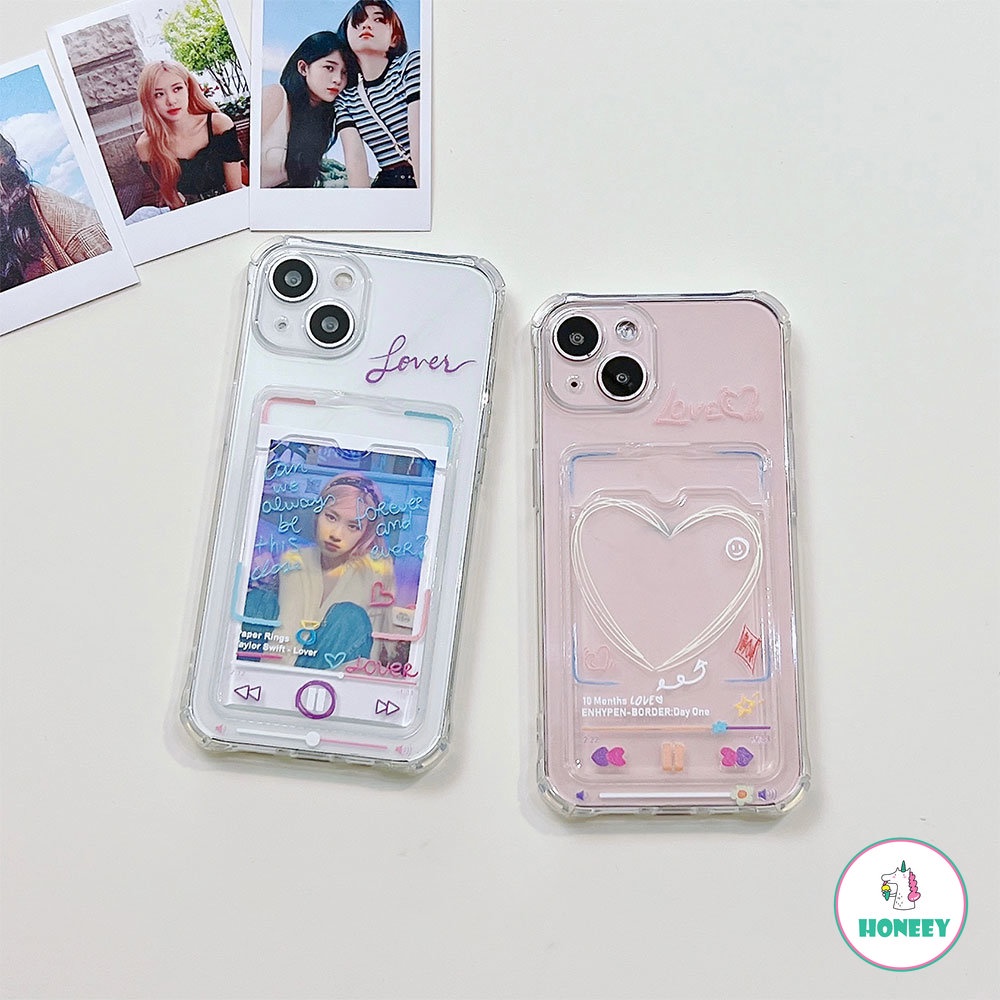 IPHONE Korea Pink Huruf Cinta Hati Card Holder Phone Case Untuk Iphone14 13 12 11 Pro Max 14 Pro Max Slim Fit Bumper Karet Shockproof Lembut TPU Cover