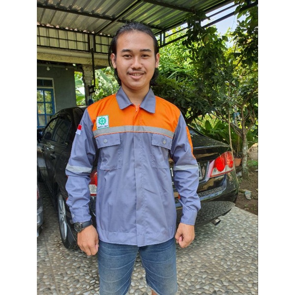 Baju dan Celana stelan/ pakaian kerja/ Proyek / Safety First/ K3/ abu oren