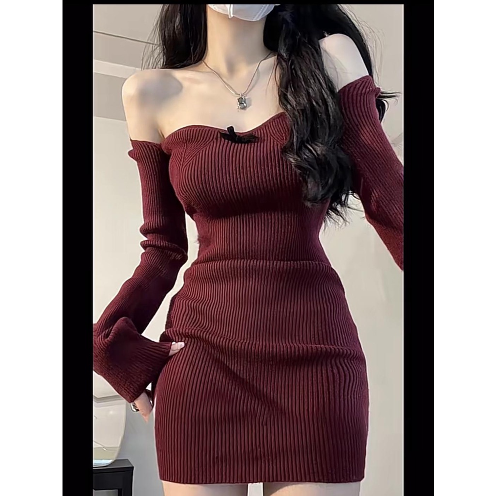 Red Merah Anggur Kerah Kotak Rajutan Gaun Wanita Musim Gugur dan Musim Dingin Rok Bawah Lengan Panjang Slim-Fit Hip rok Natal Kecil Rok