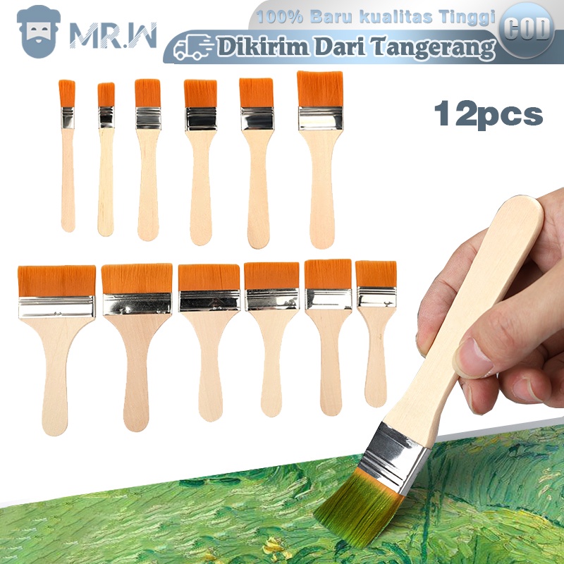 

12pcs/set Kuas Cat Gagang Kayu Tebal Halus Kuas Lukis Besar Lebar Set Nylon Flat Art Brush Painting Brush For Canvas