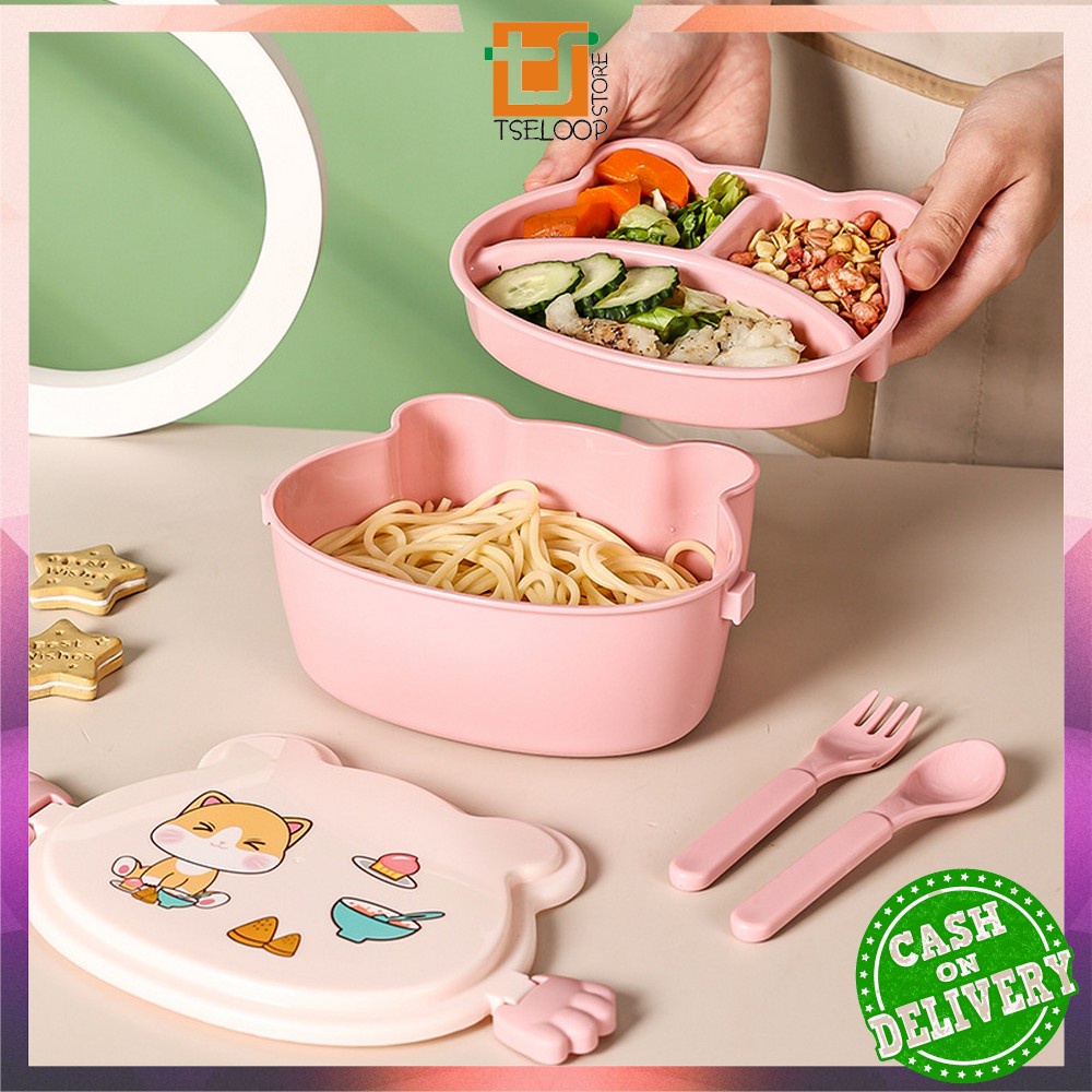 OFM-C777 Kotak Bekal Anak Set Sendok Garpu Motif Cartoon Lucu Lunch Box / Tempat Makan tingkat Anak Karakter Kucing BPA FREE