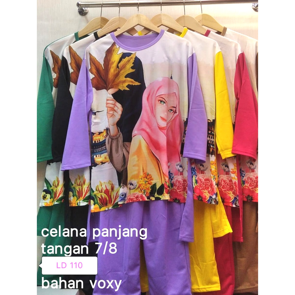 Setelan Wanita Hijab Daun / Voxy Lengan 7/8 Celana Panjang LD 110cm