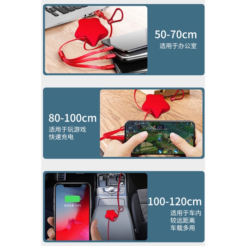 Lucky Star Penyimpanan Teleskopik Satu Drag Tiga Kabel Data Tarik Tunggal Pengisian Cepat Bintang Berujung Lima Macaron 3in1 Kabel Cas Hp