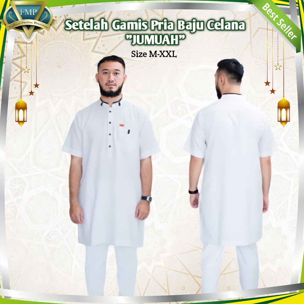 Setelan Baju Celana Koko Gamis Pria Lengan Pendek Putih Jumuah Nazeer
