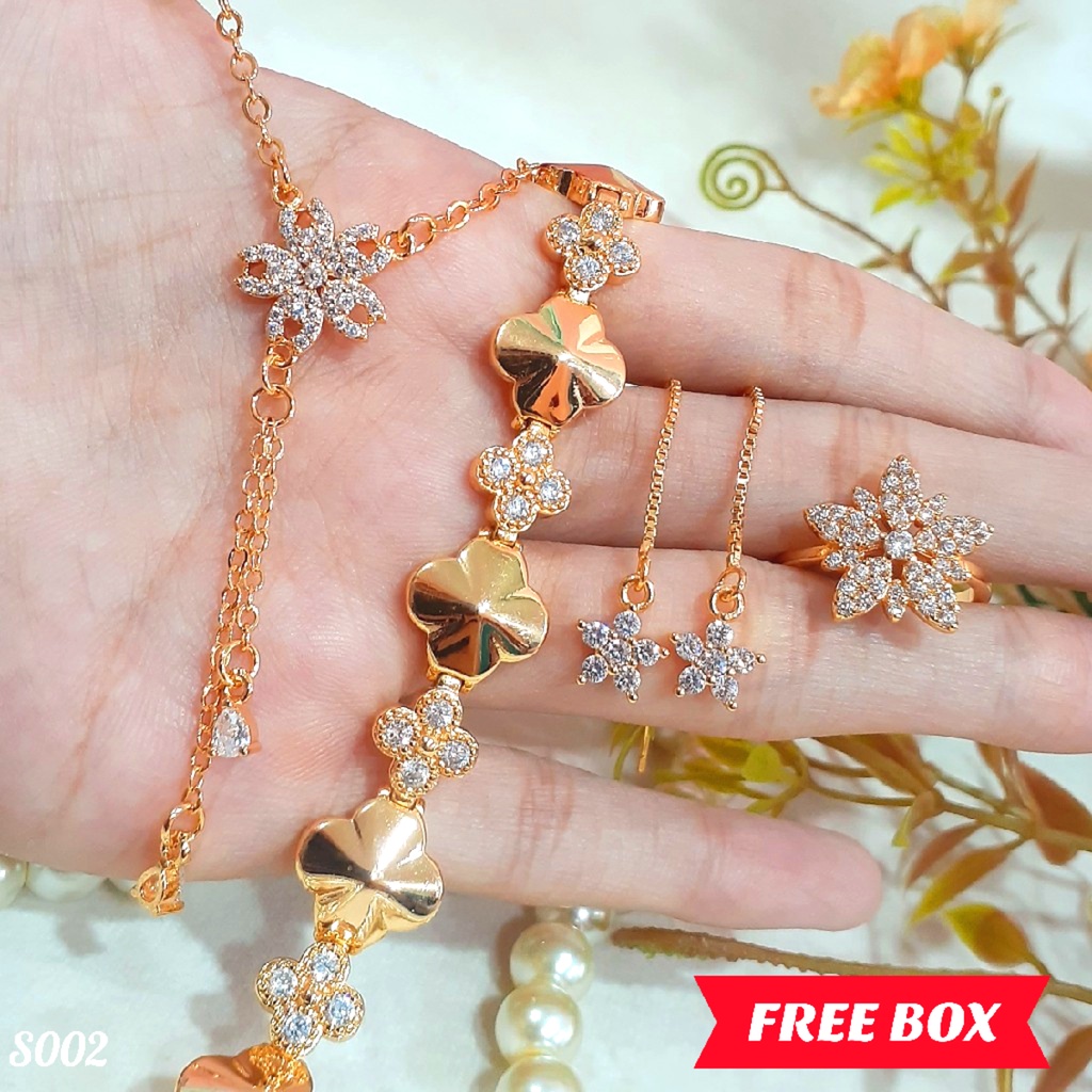 PGX Set Perhiasan Xuping Cincin Gelang Kalung Anting Lapis Emas - S002