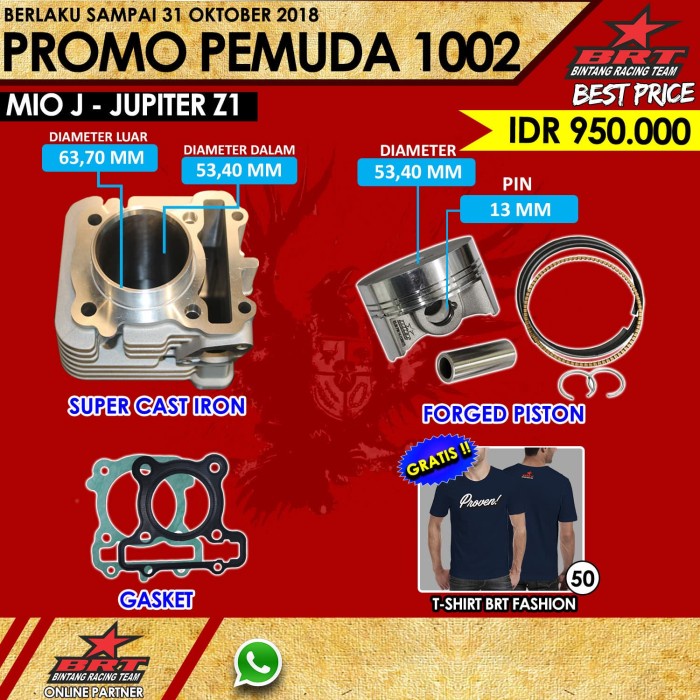 Paket Bore Up BRT 53.40mm Cast Iron Yamaha Mio J Jupiter Z1