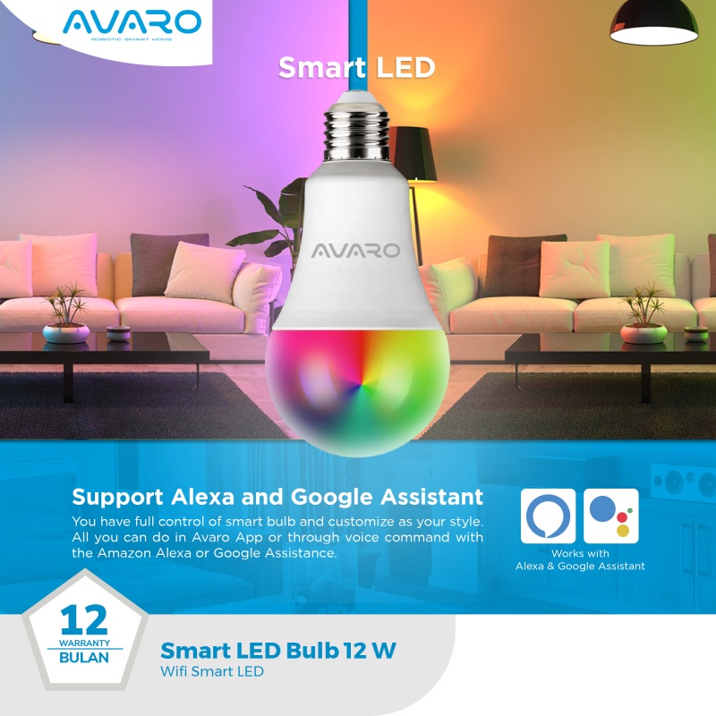 AVARO Lampu Smart LED 12W WIFI Smart Bulb (RGB+WW) | Lampu Smart Led 12W Wifi Avaro