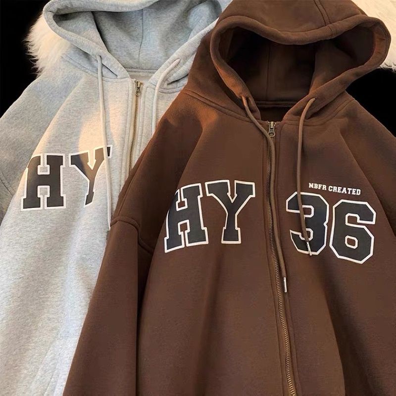 Zip Hoodie Jacket Oversize Boy Girl (6XL 5XL 4XL 3XL 2XL XL L M S ) HY 36 Jaket Resleting Jumbo SIMPEL LOGO Bigsize Harajuku Urban Korean Style Cream Dark Brown Coklat Tua