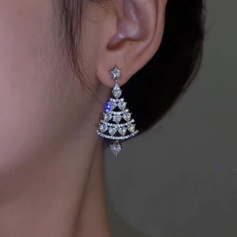 Mewah Pohon Natal Kristal Zirkon Anting Telinga Stud Drop Menjuntai Wanita Perhiasan