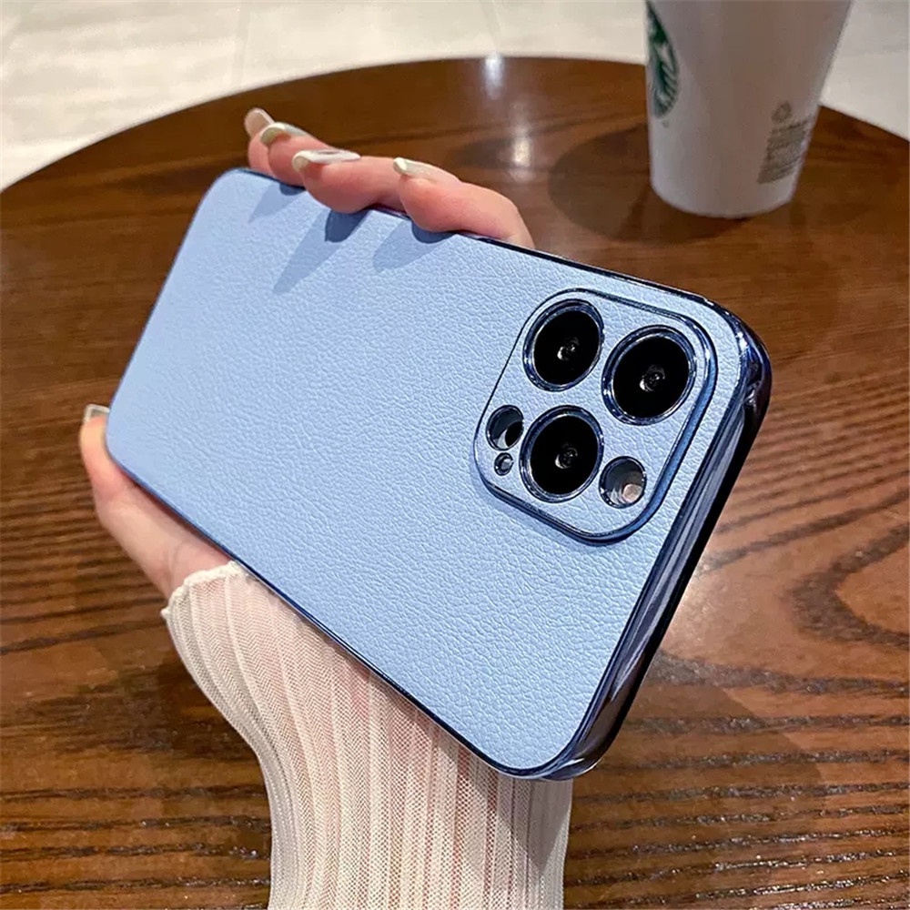 Casing Ponsel Kulit Frame Plating Mewah Untuk Iphone14 13 12 11 Pro Max14 Plus Electroplate Shockproof Cover Casing iPhone