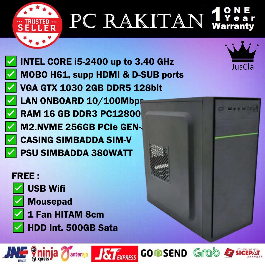 PC KOMPUTER INTEL CORE i5-2400 3,4GHz|RAM 16GB|NVME 256GB|VGA GT1030 2GB|HDD 500GB SATA|WiFi