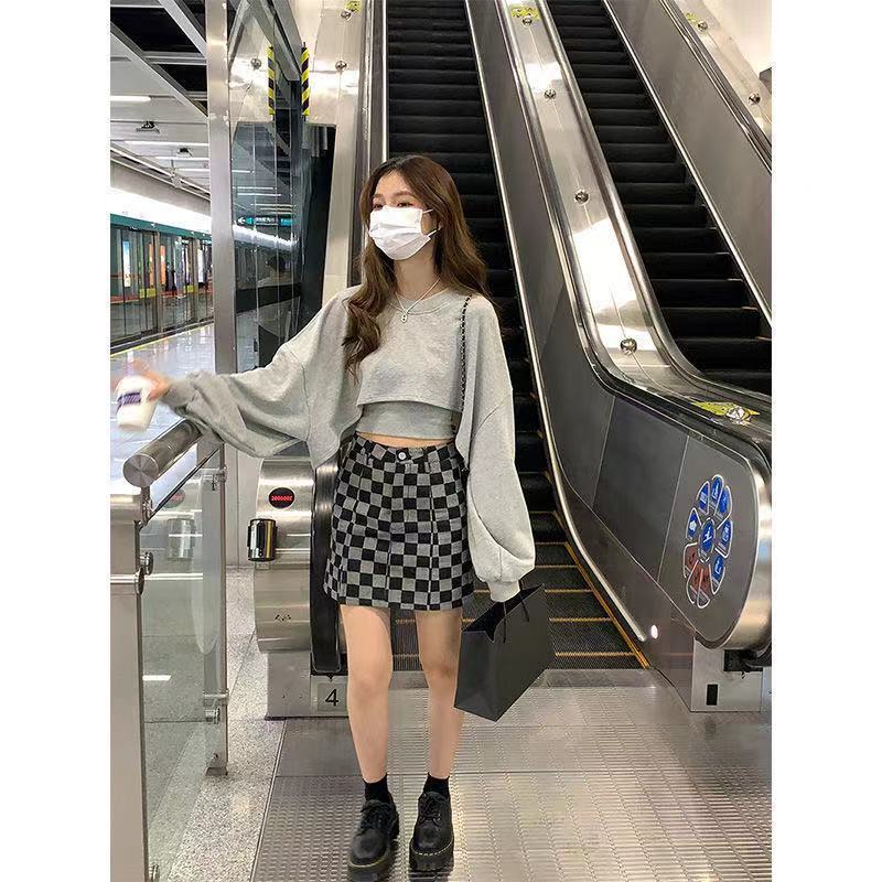 ◙Di High Street Sweet Cool Hot Girl Pendek Sweater Wanita Musim Semi dan Musim Gugur Longgar Busana Korea Dua Potong Lengan Panjang pasang Atas