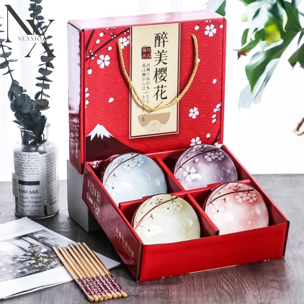 NexXio  Mangkok Set premium / Mangkuk Set Japan bah keramik / hampers Japanese Bowl set mangkok sumpit alat makan / Mangkuk Set Gift / Bahan Keramik Plus Paper Bag dan Sumpit