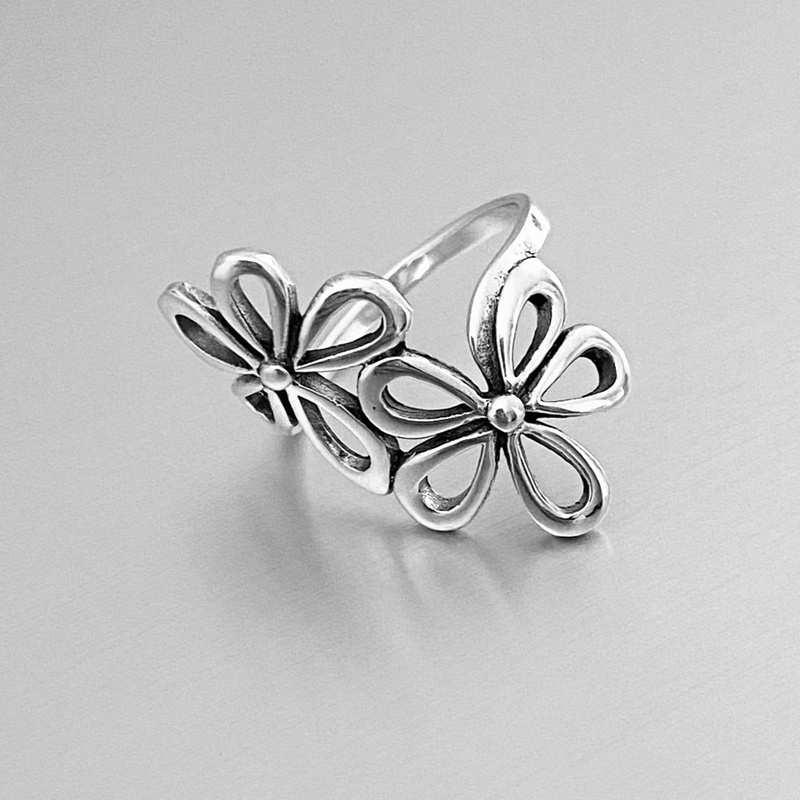 Cincin Bunga Besar Warna Silver Untuk Wanita Hadiah Natal Adjustable Open Ring Ladies Boho Jewelry