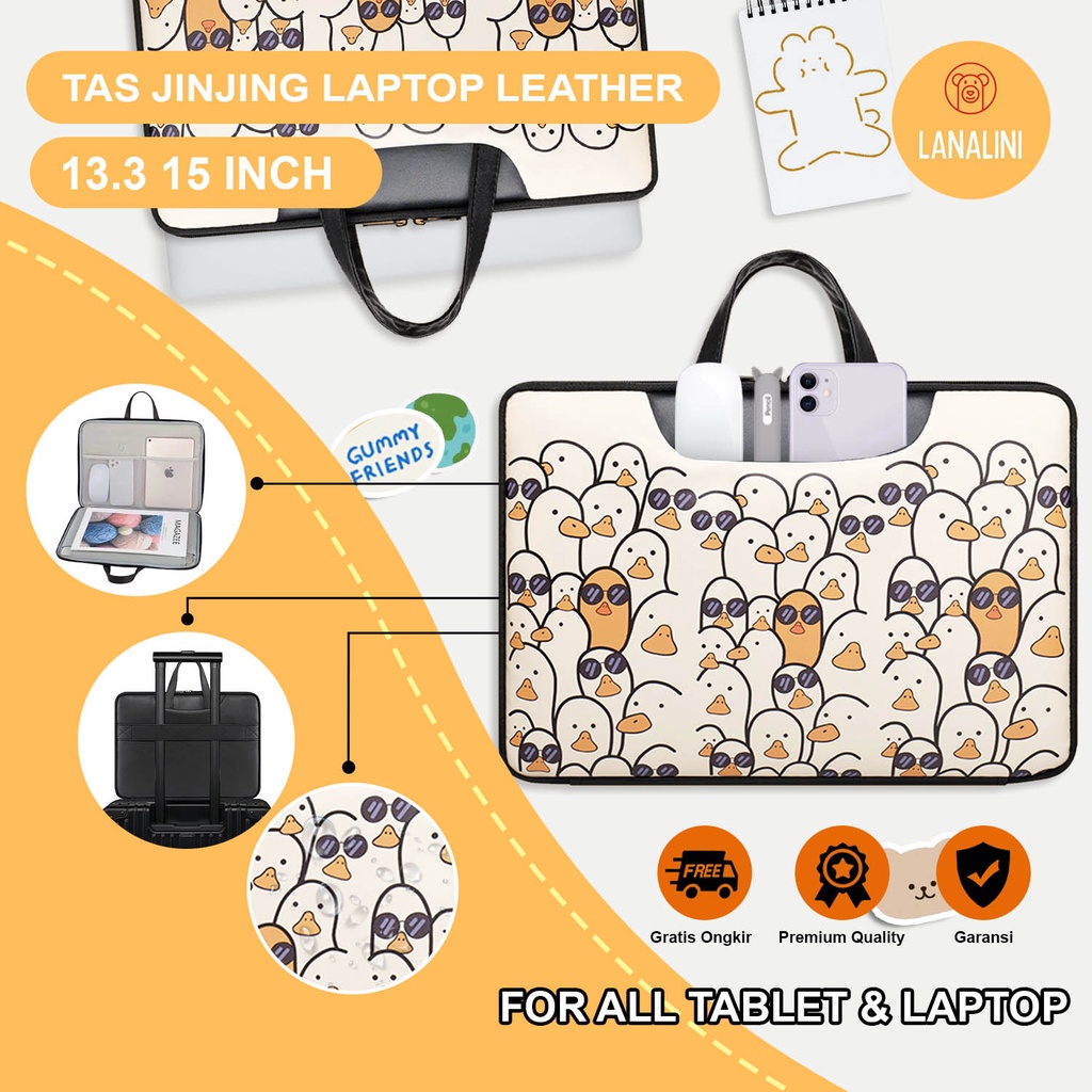 Sleeve Pouch Sarung Tas Bag Case Ipad Tab Tablet Macbook Air Pro Laptop Asus Acer Lenovo HP Huawei 11 12 13 14 15 inch Motif Gambar Kartun Bebek Duck Warna Hitam Lucu Cute Murah Korean Model Jinjing Tali Strap Waterproof