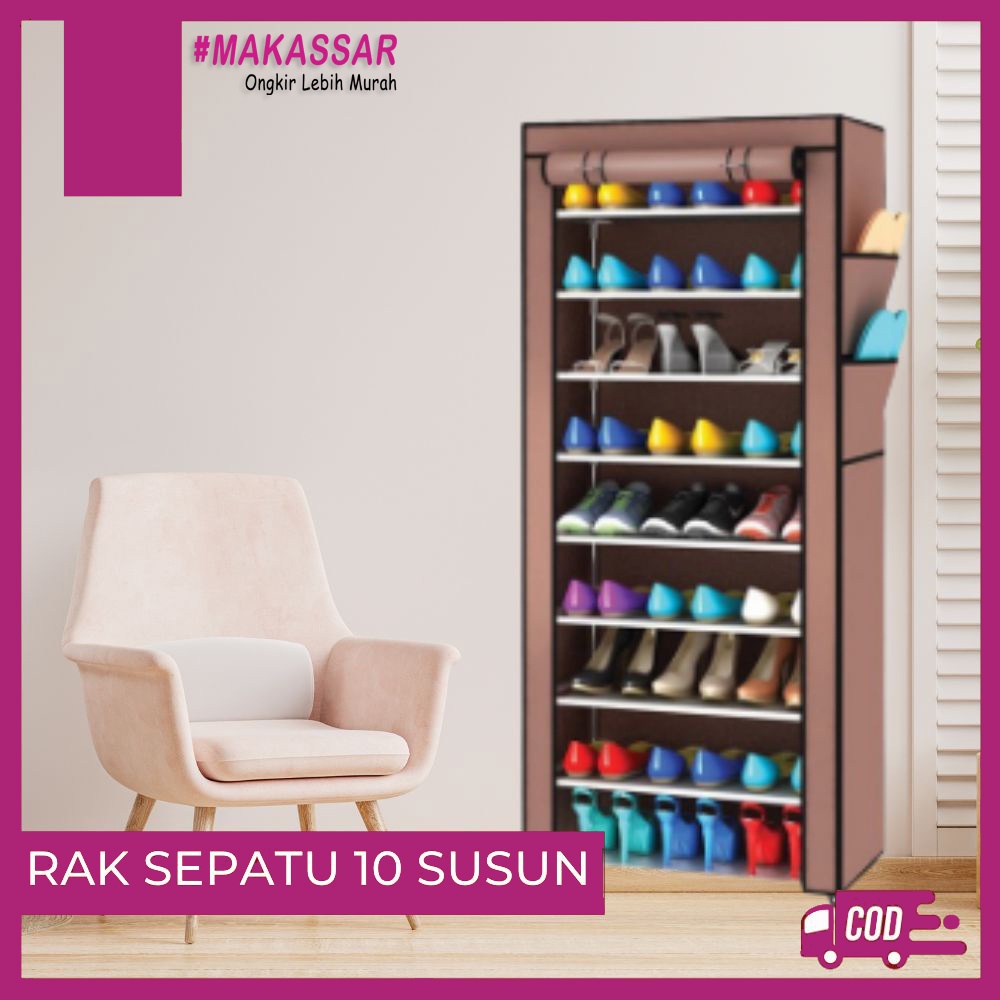 RAK SEPATU 10 SUSUN ( 9 SEKAT ) BONGKAR PASANG DENGAN COVER + RESLETING RAK BAJU TAS SERBAGUNA