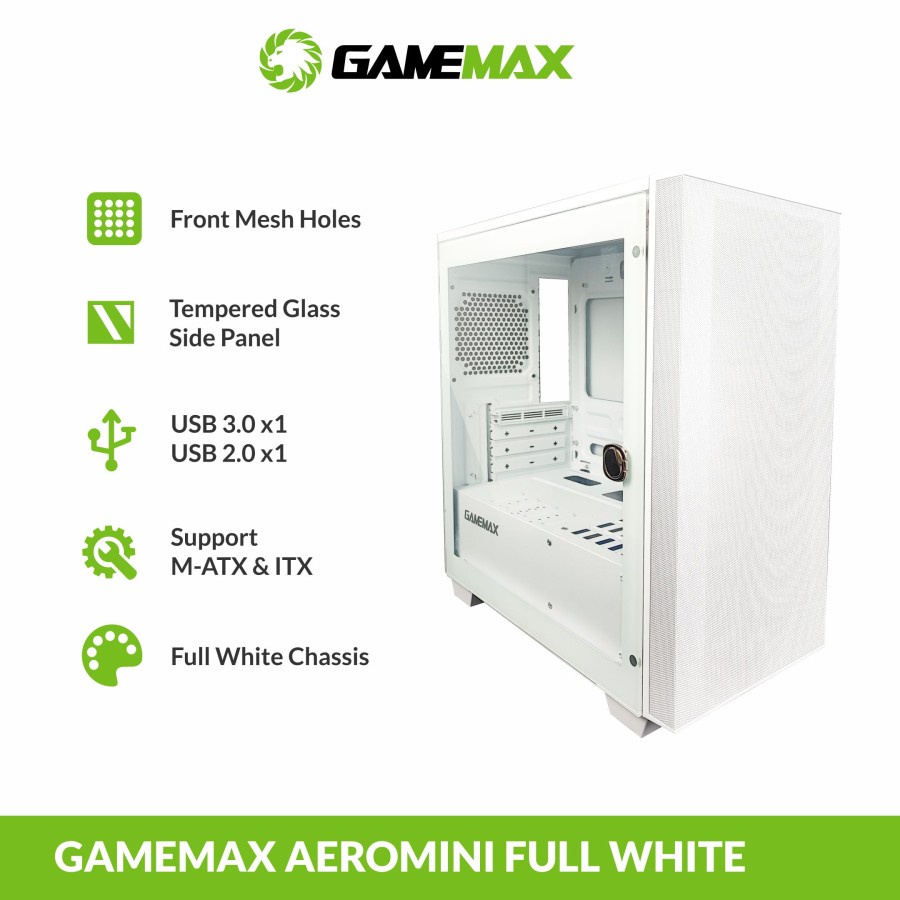 GAMEMAX Aero Mini PC Gaming Micro ATX/Casing Komputer Aero Mini RGB - Putih No Fan