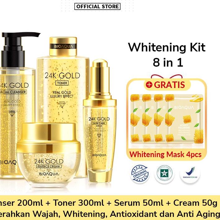 12.12 MALL BUHOTEI Bioaqua 24K Gold Skin Care Whitening Kit(Serum, Moisturizer, Sheet Mask, Toner, F