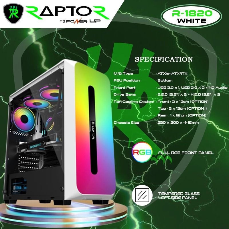 Power UP RAPTOR 1820 - Full LED Front Casing PC Gaming Black Strike - Putih