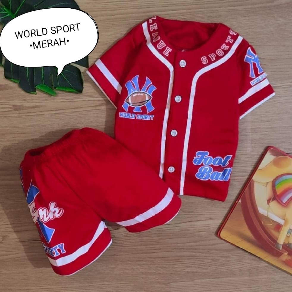 Setelan Baju Anak Laki-laki Atasan Dan Celana Bahan Kaos Lengan Dan Celana Pendek Motif World Sport Estimasi Usia 3-12 Bulan