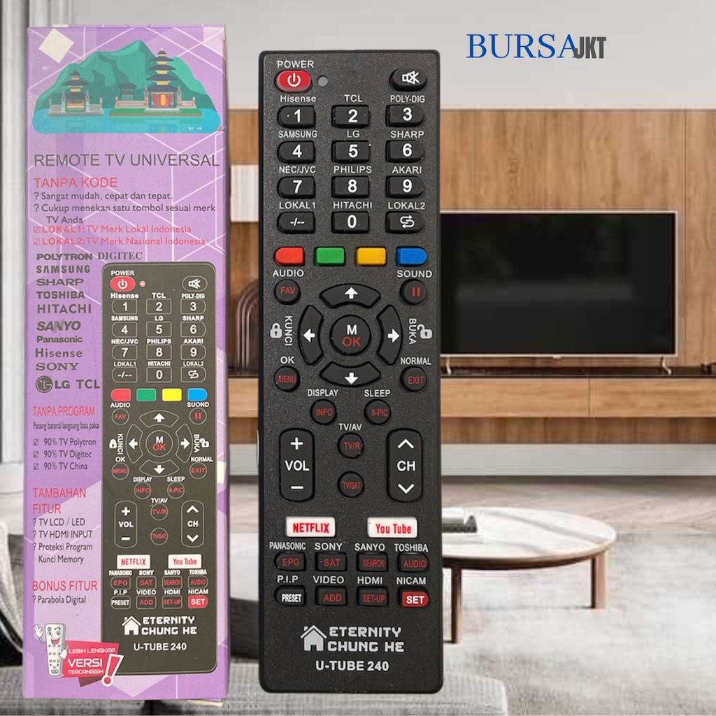 REMOTE TV UNIVERSAL YOUTUBE NETFLIX POLYTRON SAMSUNG TOSHIBA LG TCL TANPA PROGRAM UTUBE 240