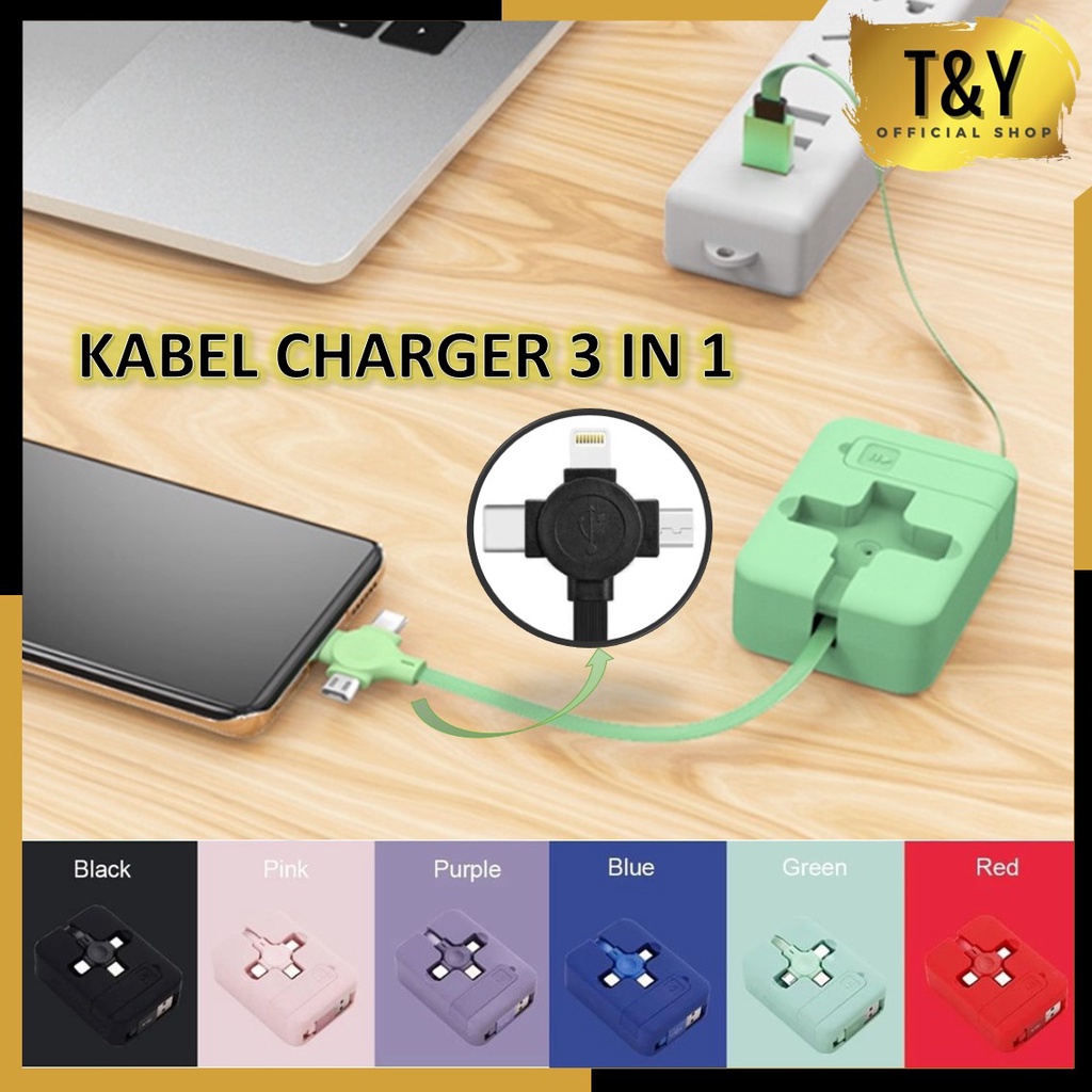 T&amp;Y Kabel Charger 3 IN 1 Kepala Micro USB Tipe-C Fast Charging 1 Mtr Dengan Bracket Retractable Pengisian Daya Charger Roll HP Teleskopik Kabel Data Gulung USB Cable Box Panjang 1 Meter