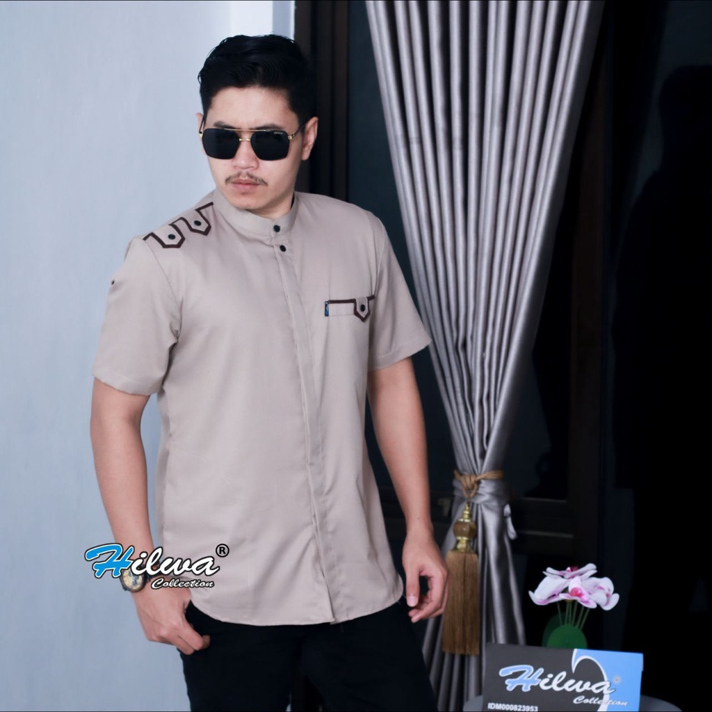 Kemeja Baju Koko Muslim Pria Dewasa Modern Kombinasi Batik Kain Katun Lengan Pendek Terbaru Motif An