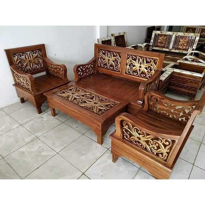 Set Kursi Tamu Becak Ukir Daun Bunga Flamboyan, Kursi Tamu Minimalis 2111 Plus Meja