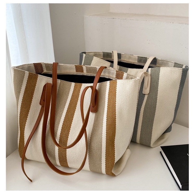 NAOMI - Rossalie Shoulder Bag Wanita Import Motif Garis Cantik - Tote Bag Canvas Premium - Tas Wanita Impor Big Size - Tas Kerja Kuliah - Tas Wanita - Tas Naomi - Naomi Bag - kantong belanja - shopping bag - tas supermaket