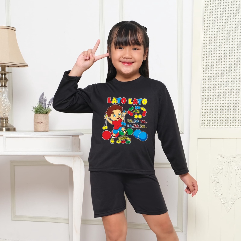Hzl_outfit Setelan Baju Anak Perempuan Oblong Lato Lato Tek Tek Tek (S.M.L.XL)