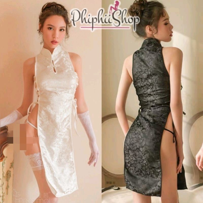 《Phiphii》Cosplay lingerie Cheongsam Qipao China Dress Tali samping Hitam Putih