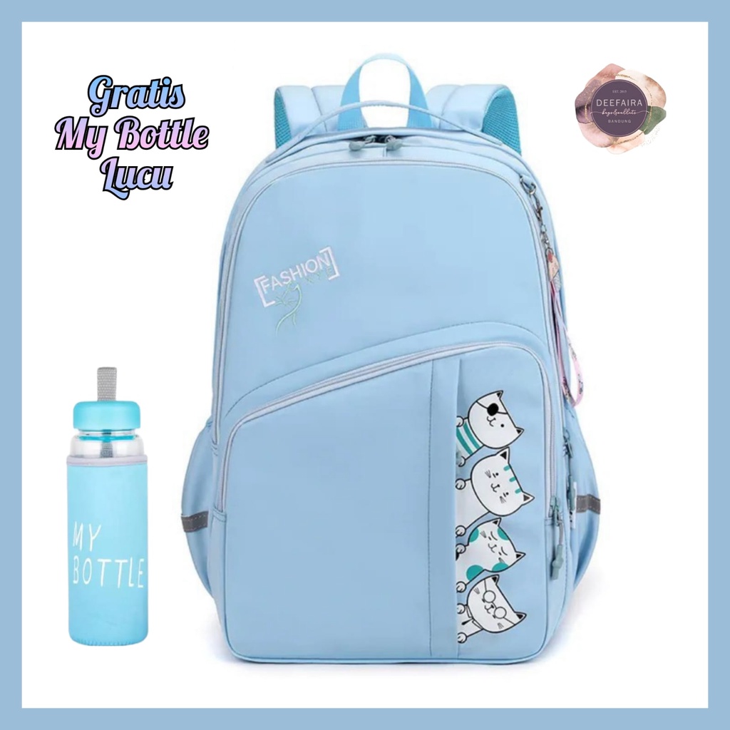 Tas Ransel Perempuan Motif 4Karakter C4tt Gratis Botol Minum Lucu Untuk Sd Smp &amp; Sma