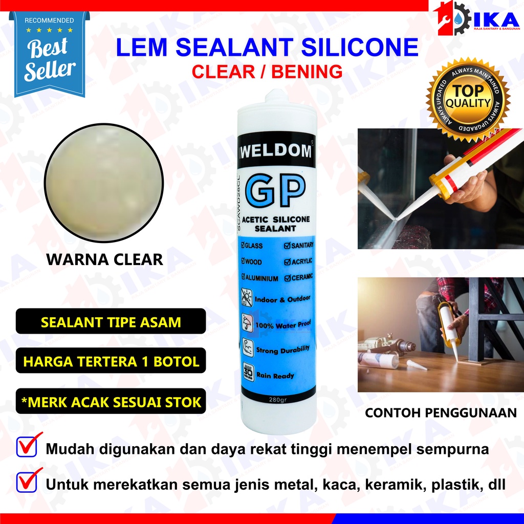 Silicone Sealant Lem Kaca Perekat Asam - Weldom / LEM Silicone Sealent Kaca Acetic Silen White, Black, Clear