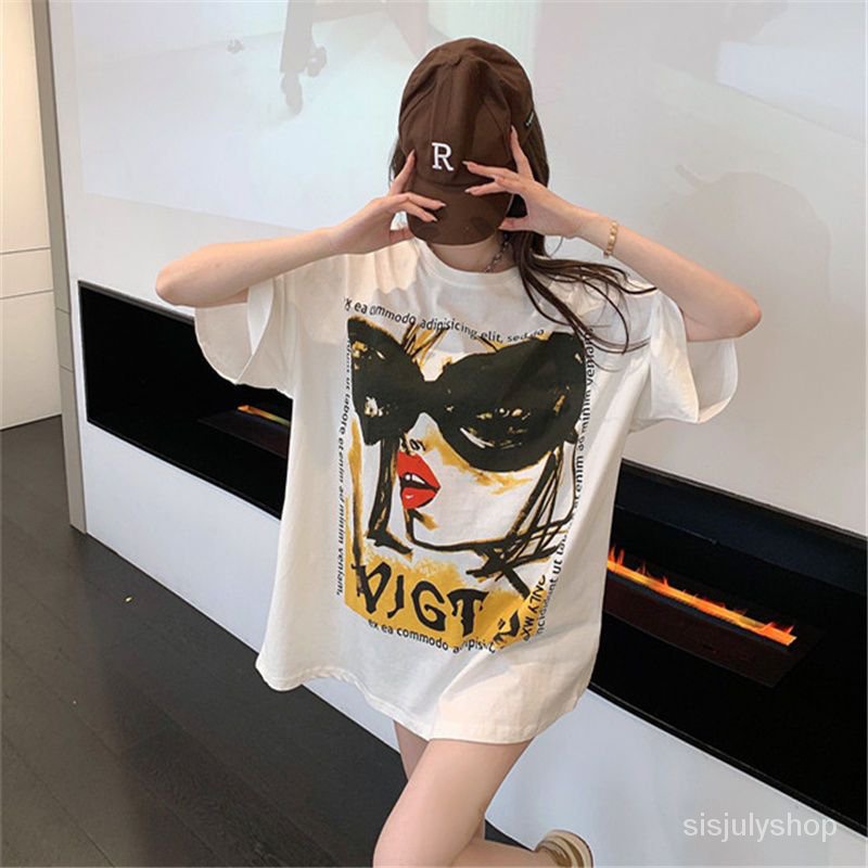 #Sisjuly# Kaos longgar ukuran besar lengan pendek motif vintage atasan lengan pendek wanita