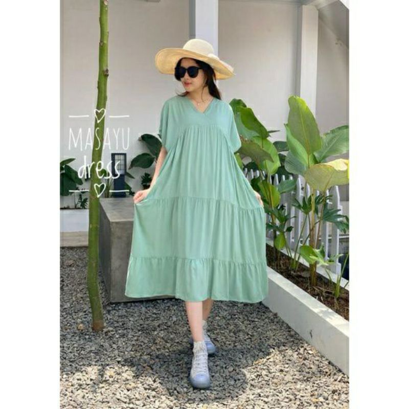 Midi Dress Polos Wanita Dewasa Lengan Pendek Model Kanzia Kimono Bahan Rayon