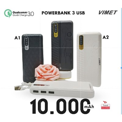 A1 A2 Powerbank Vimet Original 10000 mAh With 3 Port Usb Portable