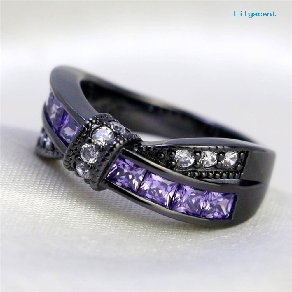 [LS] Fashion Wanita Faux Amethyst Hias Silang Ikatan Simpul Pertunangan Cincin Perhiasan Hadiah