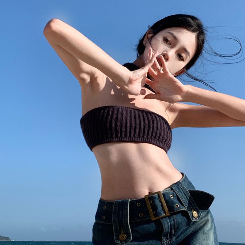 ☈Eropa dan Amerika In Tide Hot Girls Menggantung Leher Tube Top Kamisol Rompi Kecil Wanita Musim Panas Pendek Gaya Di Dalam dan Di Luar Memakai Kemeja Top